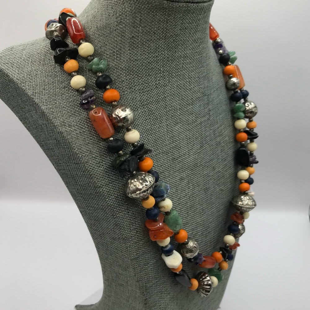 Double Strand Multicolor Semi Precious Beaded Necklace - Picture 2 of 13